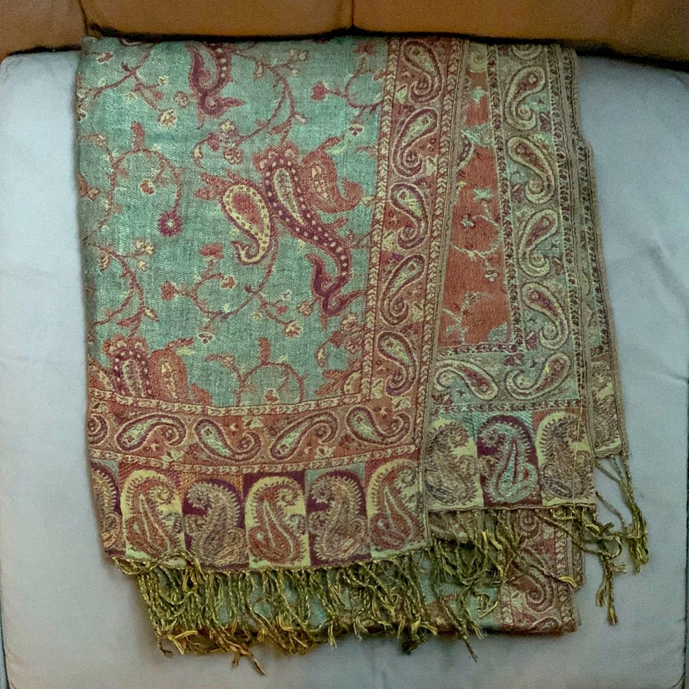 Green Brown and Gold Paisley Pashmina
